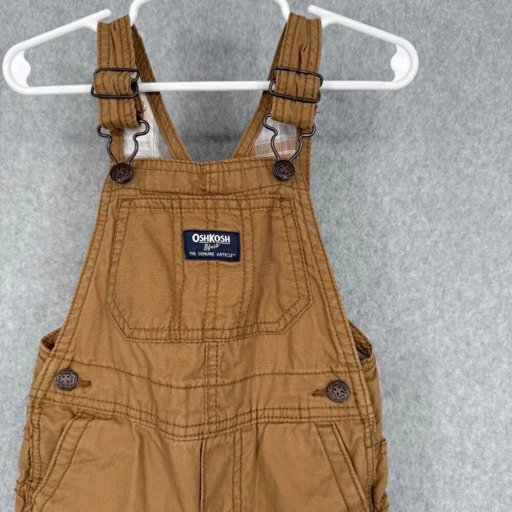 OshKosh Bgosh Boys Lightweight Canvas Overalls Size 24M Khaki Plaid Contrast EUC